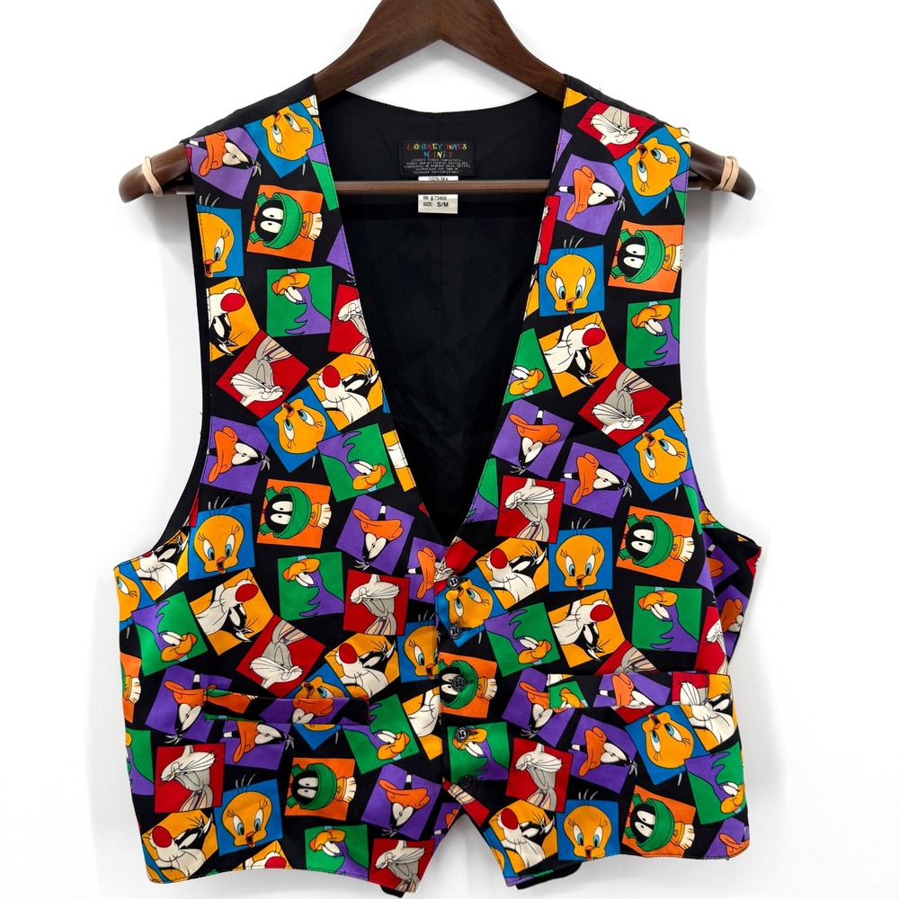 90s Vintage‎ Looney Tunes Silk Vest Cartoon Graphic Novelty Waistcoat Size S M